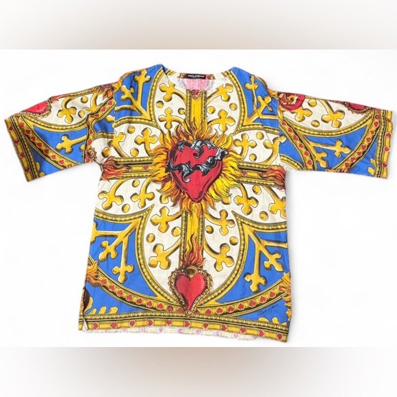 Dolce & Gabbana Multicolor Sacred Heart Print Linen & Cotton Top Men’s Size 46